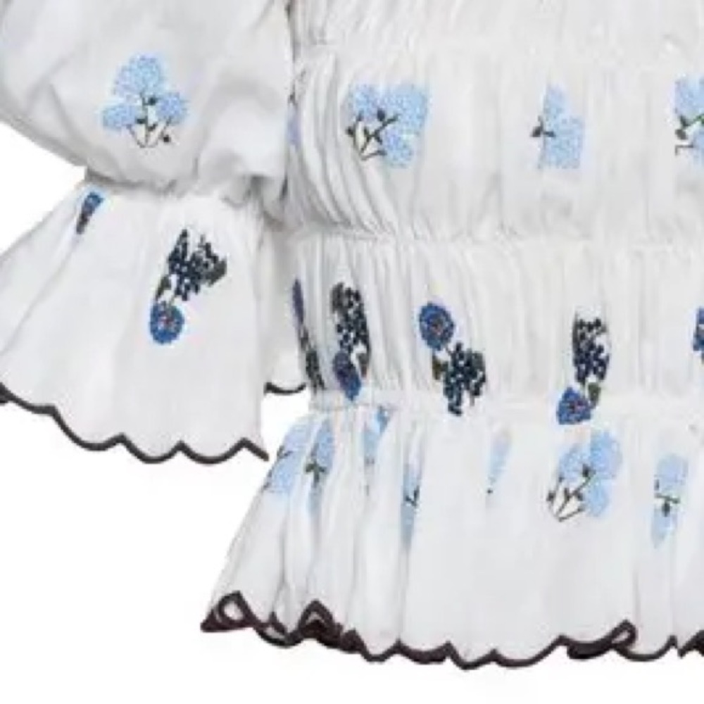 Lug Von Siga Floral Embroidered White Puff Sleeve Linen Crop Top NWOT - Picture 4 of 5